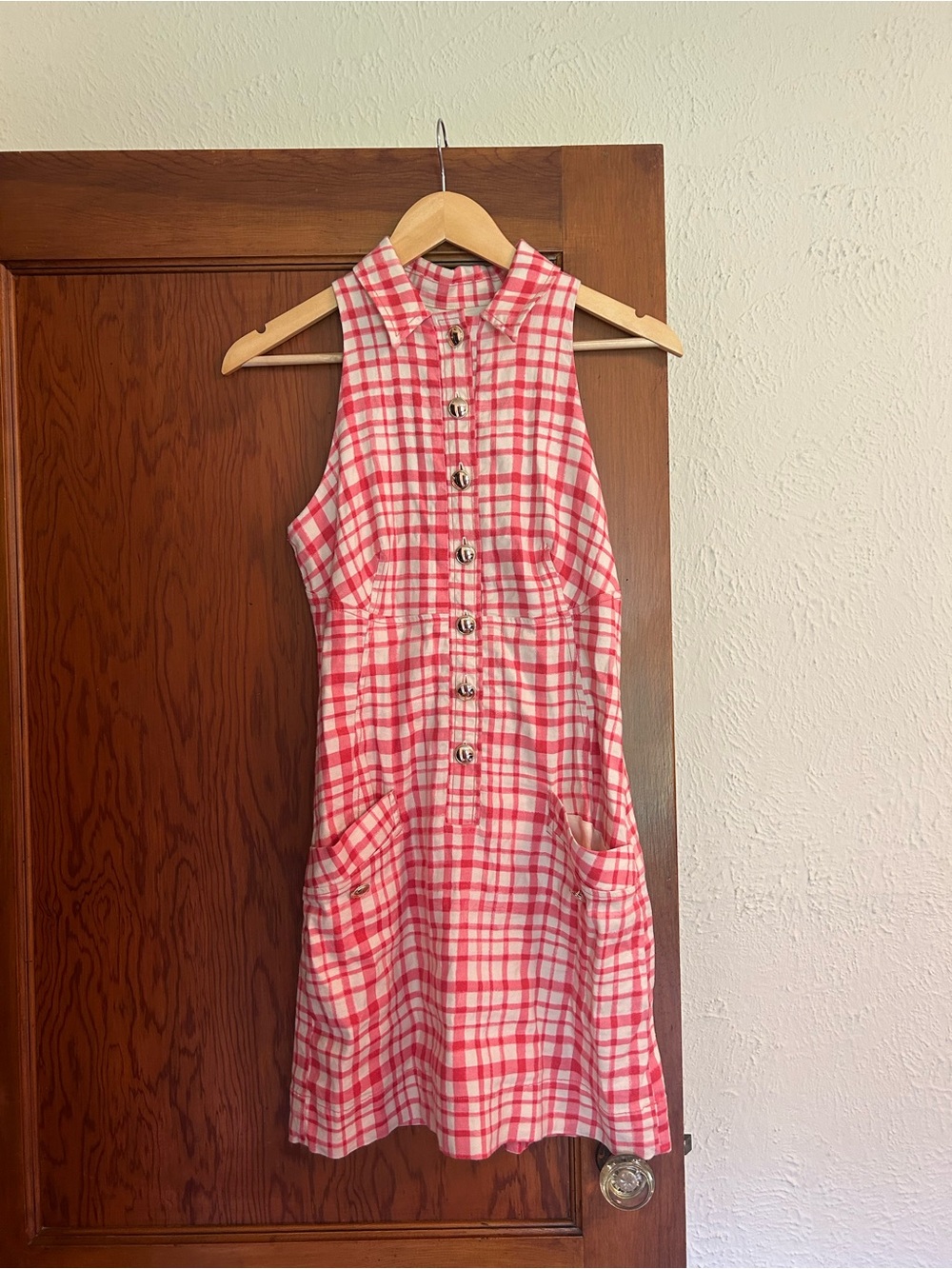 Anthropologie Pink Plaid Sleeveless Button-Front Mini Dress